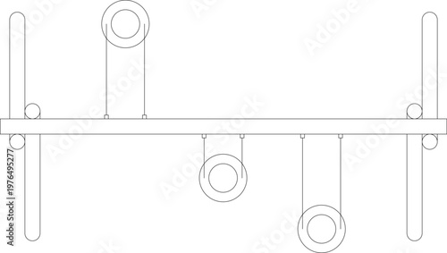 Technical engineering drawing showing a front elevation of a playground climbing structure featuring hanging rings and handles suspended from a horizontal beam.