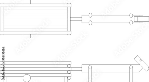 Technical engineering drawing showing orthographic projections of a playground seesaw featuring a slatted plank, pivot mechanism, and support frame.
