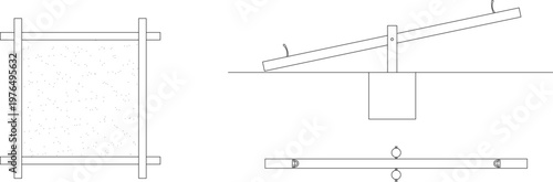 Technical engineering drawing showing orthographic projections of a playground seesaw including side elevation, frame view, and top plan view of the plank.