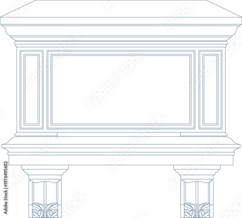 Technical architectural drawing showing a front elevation of a classical monument or altar featuring decorative columns, paneled sections, and a molded cornice cap.