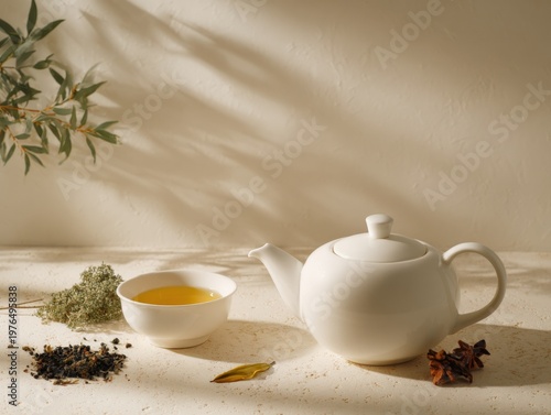 Serene White Teapot and Cup with Herbal Ingredients and Natural Sunlight Shadows