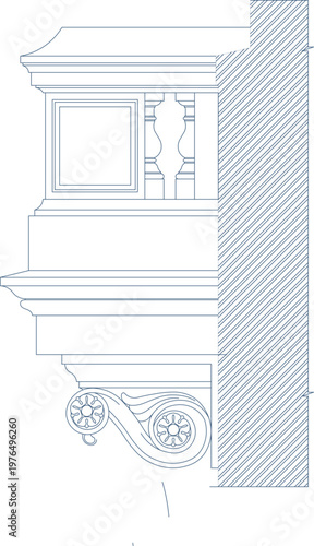 Technical architectural drawing showing a cross-section detail of a classical balcony ledge featuring an ornate scroll bracket, balustrade railing, and wall section.