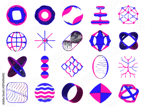 Futuristic Cyberpunk Tech Icon Set, Neon Pink and Blue Abstract Geometry, Metaverse Interface Elements and Wireframe Symbols for Gaming and Web3