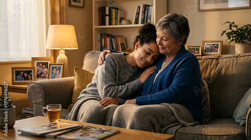Two women sitting on couch embracing.