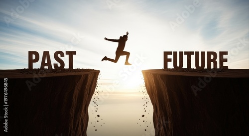 Silhouette of person leaping across a chasm from 'Past' cliff to 'Future' cliff at sunset