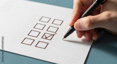 Wallpaper Mural Close up of hand checking off a task on a checklist with a pen, signifying completion and progress Torontodigital.ca