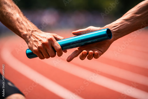 Relay race baton handoff between two runners on track