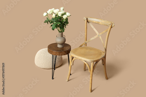 Wooden chair, table with ro...