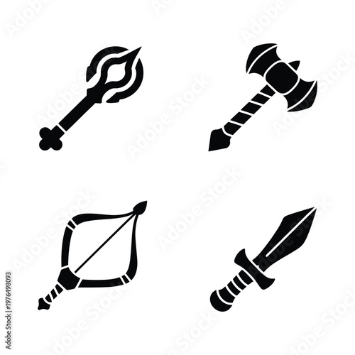 Fantasy Medieval Weapons Icon Set with Staff Hammer and Sword