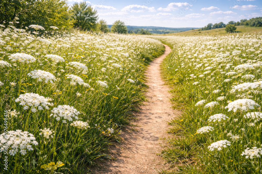 Fototapeta premium Scenic pathway through blooming flowers in a lush meadow