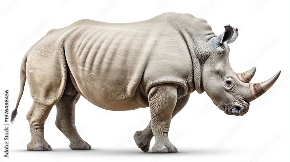 Fototapeta premium A massive white rhinoceros standing in profile on a clean white backdrop