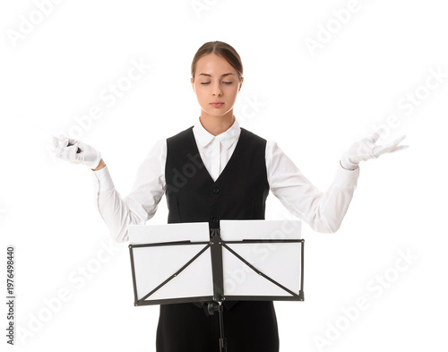 Young female conductor with note sheets on white background