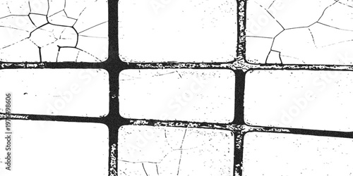 High-Contrast Cracked Concrete Texture Grungy architectural grid overlay with weathered stone texture and dark frame edges for vintage design and distressed effects.