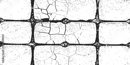 High-Contrast Cracked Concrete Texture Grungy architectural grid overlay with weathered stone texture and dark frame edges for vintage design and distressed effects.