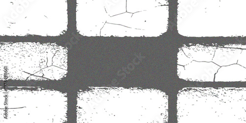 High-Contrast Cracked Concrete Texture Grungy architectural grid overlay with weathered stone texture and dark frame edges for vintage design and distressed effects.