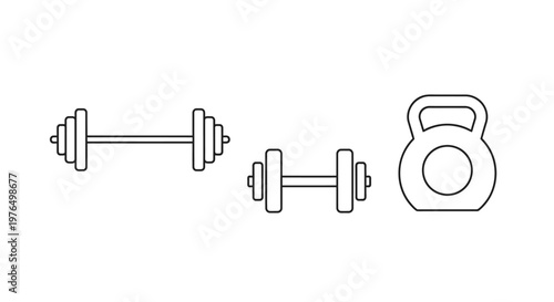 Gym equipment vector illustration dumbbells and kettlebell outlined on white