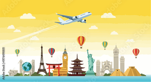 Illustration of famous landmarks and monuments from around the world on World Heritage Day with a plane flying overhead in a vibrant yellow sky.
