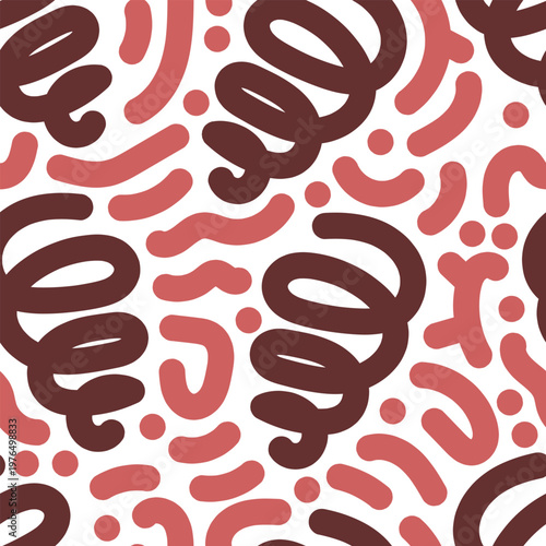 Seamless brown and red abstract doodle pattern with spiral, lines, and dots on white background. Warm artistic repeat design perfect for fabric prints, packaging, and branding.