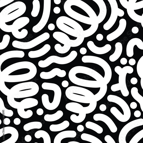 Seamless white abstract doodle pattern with spiral, lines, and dots on black background. Bold artistic repeat design ideal for fabric prints, packaging, and modern branding.