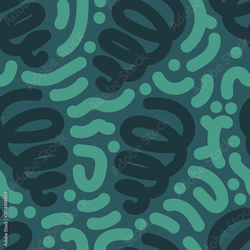 Seamless abstract spiral doodle pattern in dark teal tones. Dynamic tornado-inspired repeat design perfect for fabric prints, packaging, stationery, and modern branding.