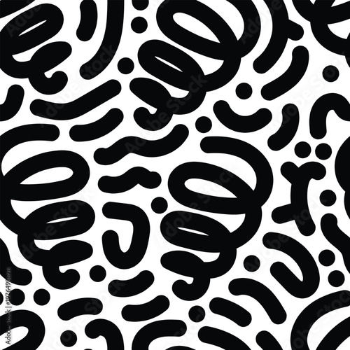 Seamless black abstract doodle pattern with tornado spiral, lines, and dots on white background. Bold hand drawn repeat design ideal for fabric prints, packaging, and stationery.
