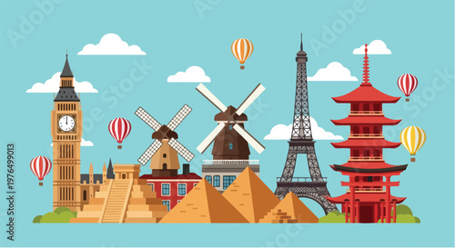 Illustration of famous landmarks from around the world on World Heritage Day with a vibrant blue sky and hot air balloons.