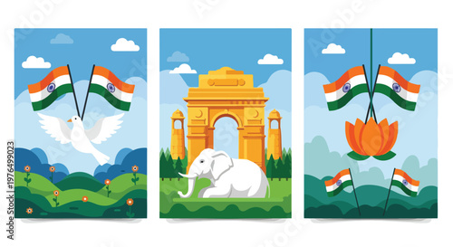 Collage of illustrations celebrating World Heritage Day with Indian flags, iconic landmarks, and national symbols on a vibrant background.