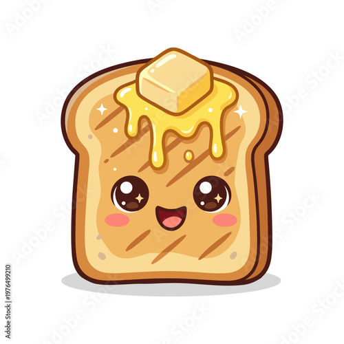 Cute Hand Drawn Toast with Butter Character Kawaii Style Food Illustration