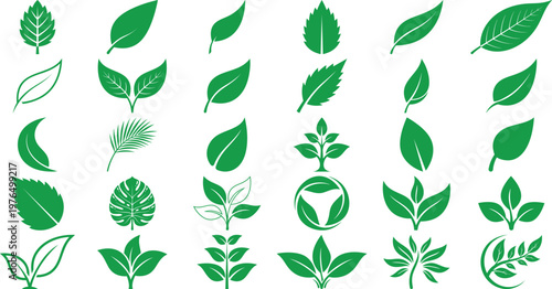 "Green Leaf and Plant Icon Set with Various Botanical Shapes — Eco-Friendly, Nature, Organic and Environmental Sustainability Design Collection Concept"
