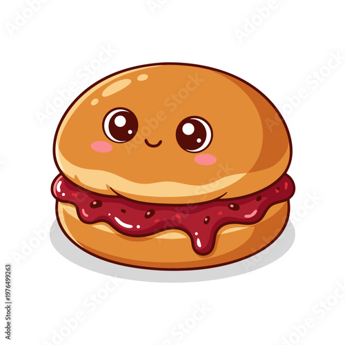 Cute Donut with Jam Filling and Kawaii Face Illustration
