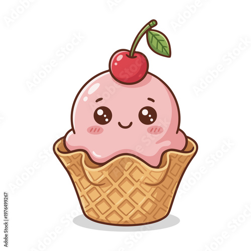 Kawaii Hand Drawn Cute Ice Cream with Cherry on Top Illustration