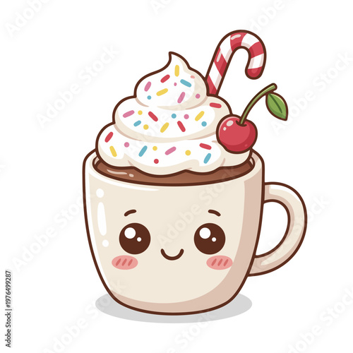 Cute Hand drawn Mugs Drink Cocoa Topped with Cream and Candy Cane Illustration