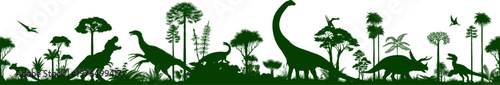 Vector seamless silhouette panorama with argentinosaurus, therizinosaurus, triceratops, utahraptor, pachycephalosaurus, Yunnanosaurus and pterosaurus in jungle