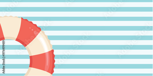 Summer striped banner with a red inflatable ring. A background template with a summer vacation concept, with copy space for a title or text. For promoting sales and seasonal offers.