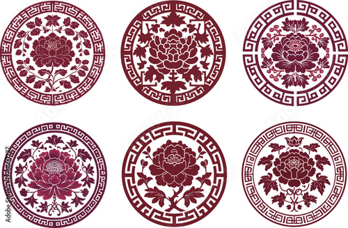 Luxury Korean traditional mother-of-pearl style emblems, burgundy floral mandala set.