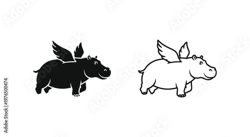 Fantastic Winged Hippo Creatures Cartoon Design Vector