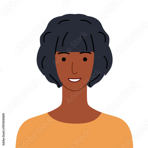 Curl Under Page Boy Bob hairstyle flat vector front view, rounded haircut shape smooth curve for avatar, beauty app, interface, fashion illustration, modern female character