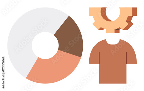 Data analysis, human innovation, teamwork, education, business strategy, technical processes. Minimalist design with a pie chart and a gear-shaped head. Data analysis and human innovation concepts