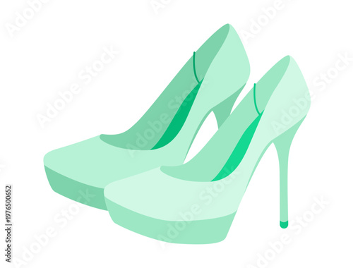Platform stiletto pump women mint heel flat pair. High sole sexy dress footwear for party, holiday, spotlight look. Technical illustration, CAD mockup, smooth vector men unisex isolated luxe style.