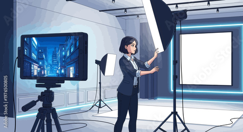 Woman Adjusting Professional Photography Studio Lighting Equipment.