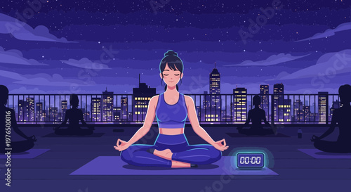 Woman Meditating on Rooftop at Night.