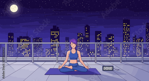 Woman meditating peacefully on rooftop at night.