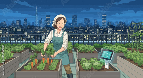 Woman tending to rooftop garden with fresh vegetables.