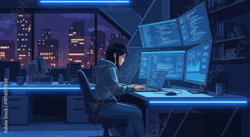 Woman working late in a futuristic office environment.
