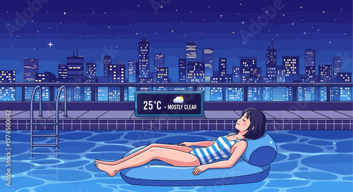 Woman relaxing on inflatable in swimming pool at night 1.
