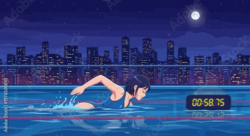 Woman swimming freestyle in a pool at night.