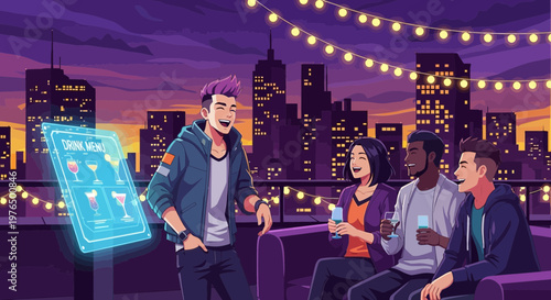 Young adults interacting with futuristic holographic display.