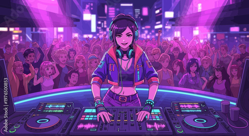 Young female DJ performing at a vibrant nightclub with neon lights.