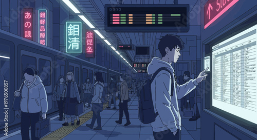 Young man checking train schedule on digital display.