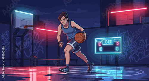 Young man dribbling basketball on neon court.